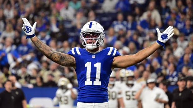 Oct 29, 2023; Indianapolis, Indiana, USA; Indianapolis Colts wide receiver Michael Pittman Jr. (11) celebrates during the first half of the game against the New Orleans Saints at Lucas Oil Stadium. Mandatory Credit: Marc Lebryk-USA TODAY Sports
